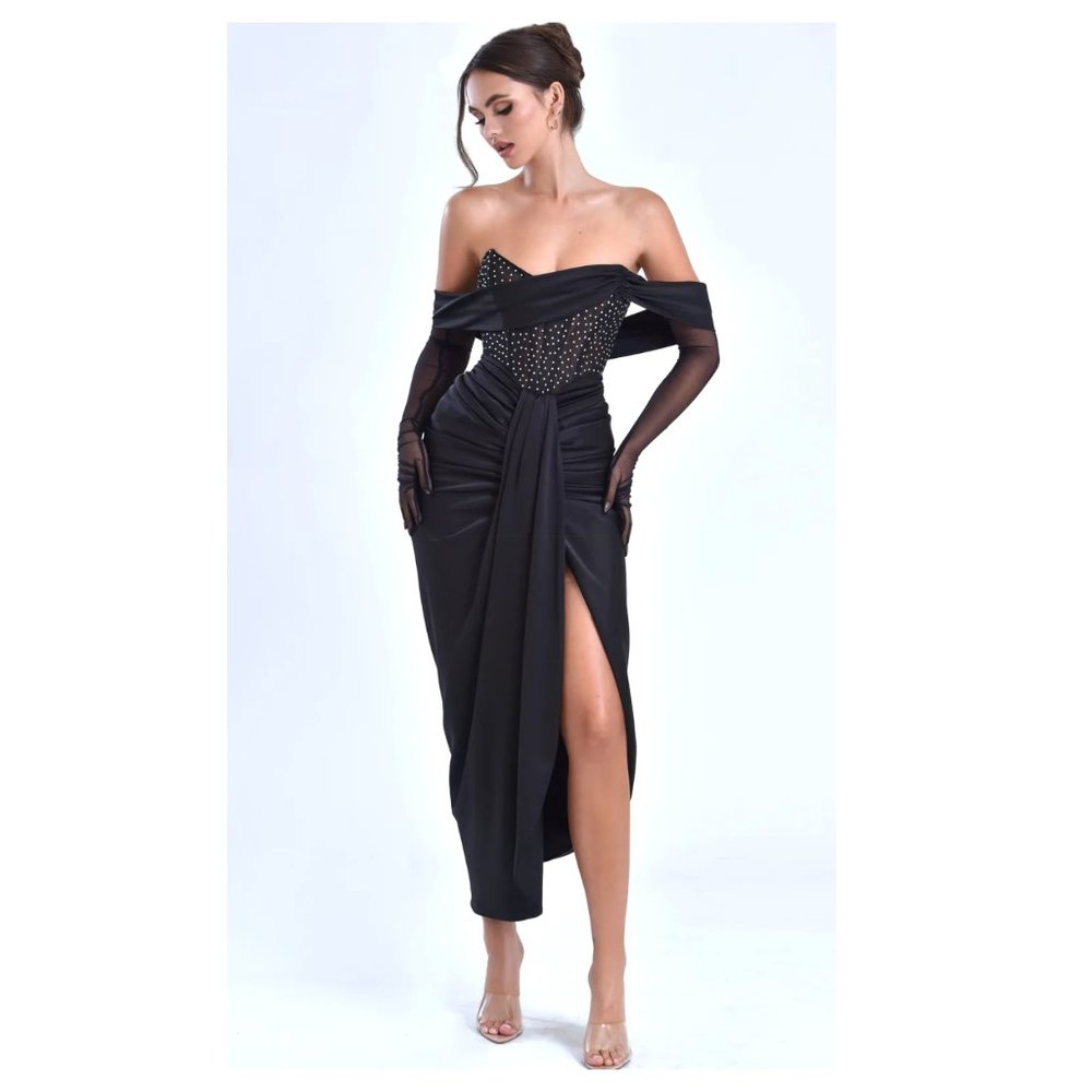 MISS CIRCLE Stella Black Off Shoulder Crystal Corset Satin Gown
